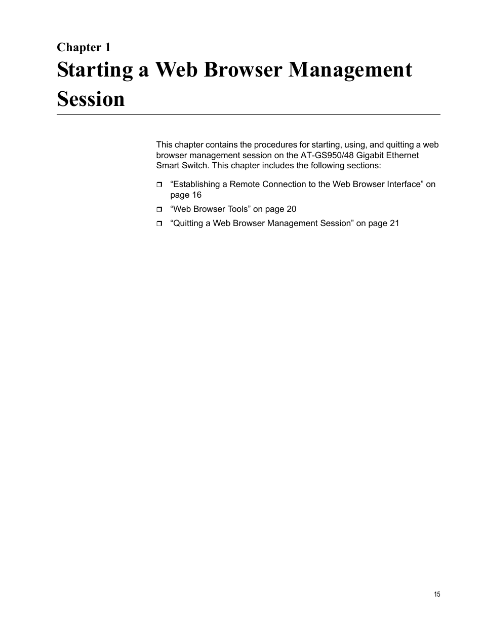 Chapter 1, Starting a web browser management session | Allied Telesis AT-S106 User Manual | Page 15 / 226
