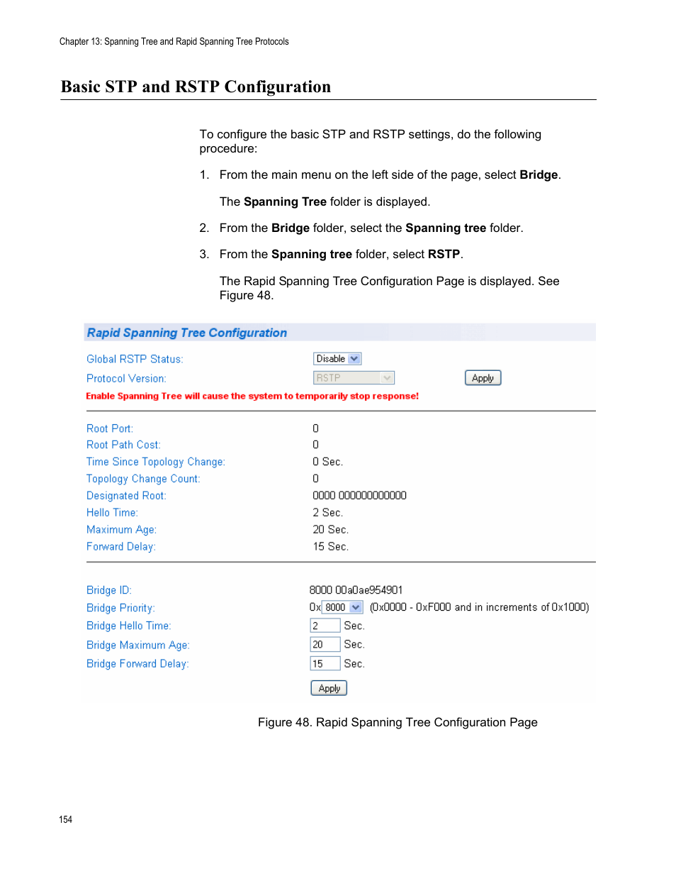 Basic stp and rstp configuration | Allied Telesis AT-S106 User Manual | Page 154 / 226