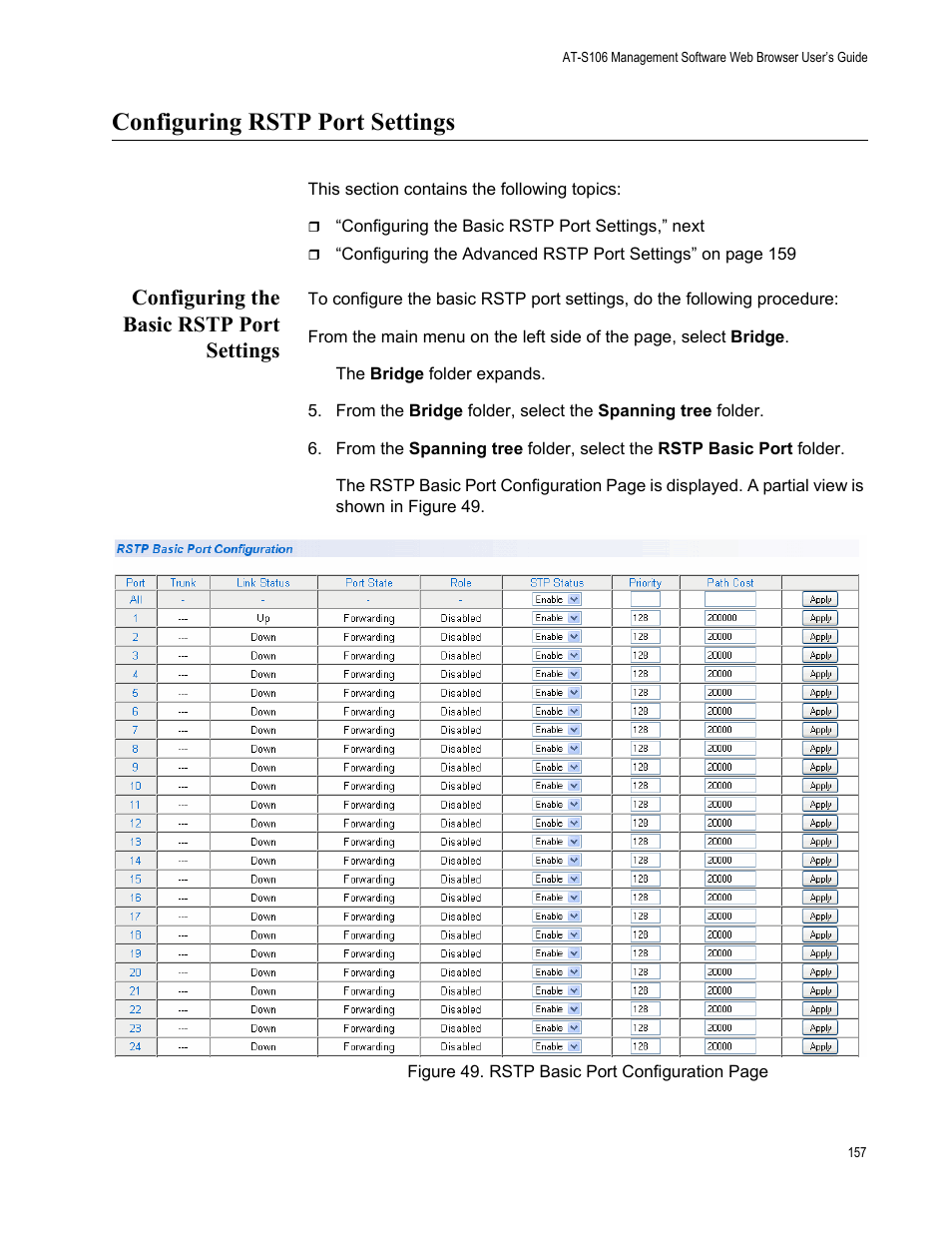 Configuring rstp port settings, Configuring the basic rstp port settings | Allied Telesis AT-S106 User Manual | Page 157 / 226