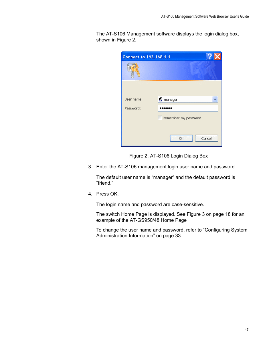 Figure 2. at-s106 login dialog box | Allied Telesis AT-S106 User Manual | Page 17 / 226