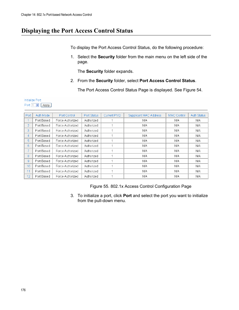 Displaying the port access control status | Allied Telesis AT-S106 User Manual | Page 176 / 226