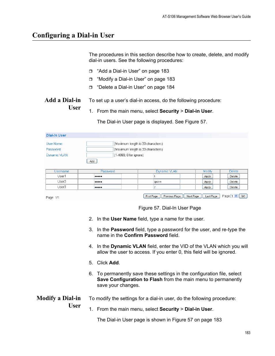 Configuring a dial-in user, Add a dial-in user, Modify a dial-in user | Add a dial-in user modify a dial-in user | Allied Telesis AT-S106 User Manual | Page 183 / 226