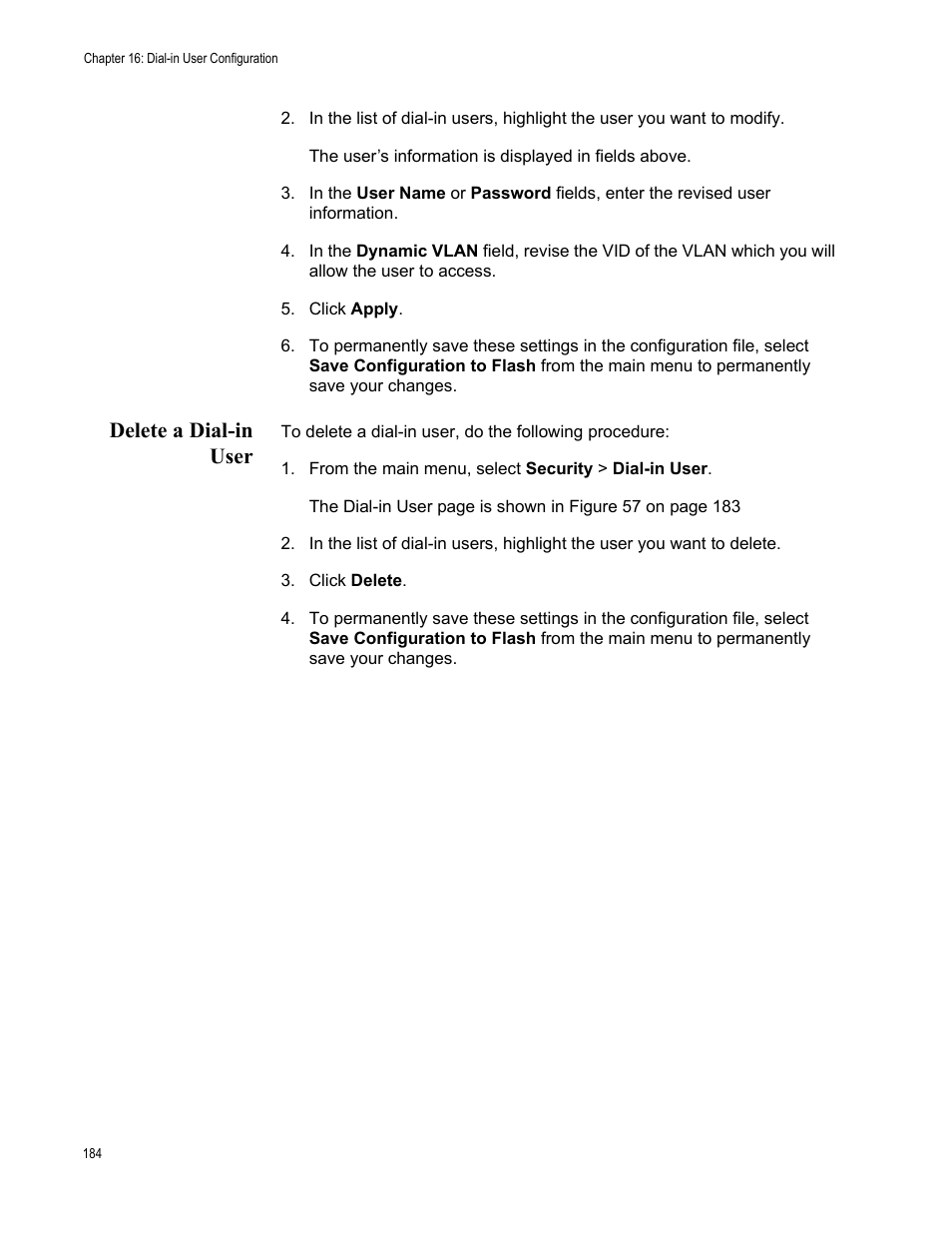 Delete a dial-in user | Allied Telesis AT-S106 User Manual | Page 184 / 226