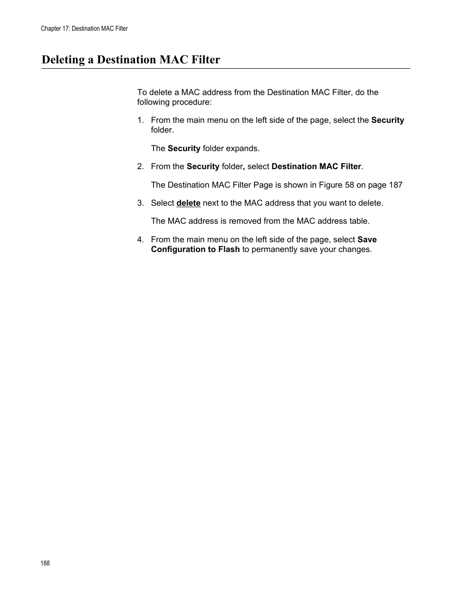 Deleting a destination mac filter | Allied Telesis AT-S106 User Manual | Page 188 / 226