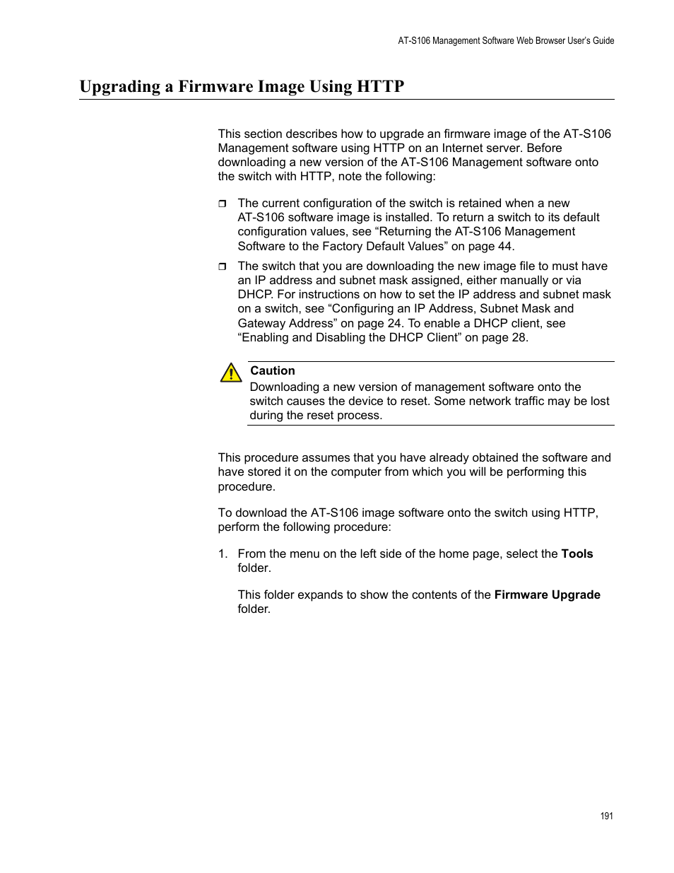 Upgrading a firmware image using http | Allied Telesis AT-S106 User Manual | Page 191 / 226
