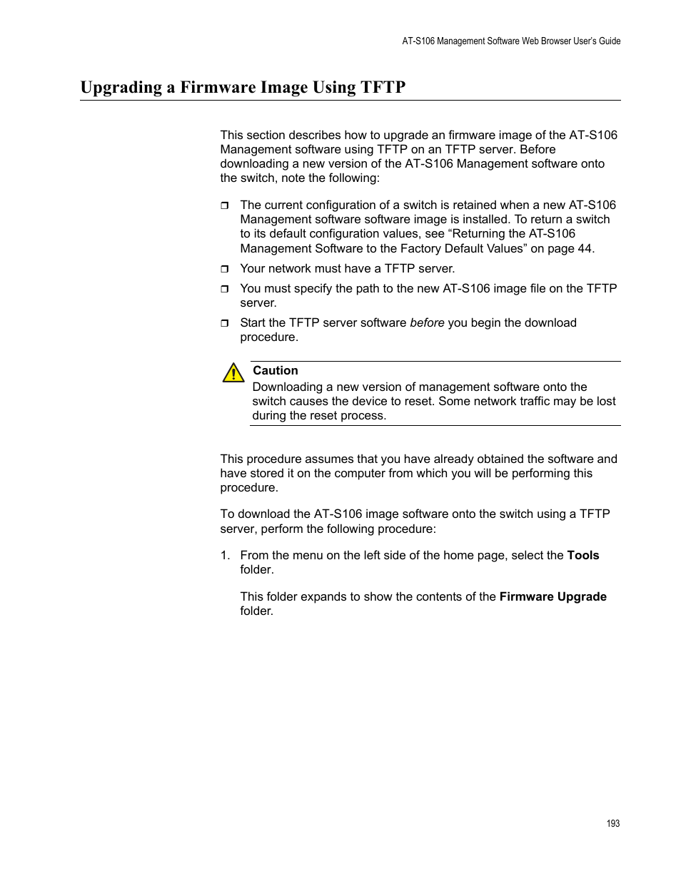 Upgrading a firmware image using tftp | Allied Telesis AT-S106 User Manual | Page 193 / 226