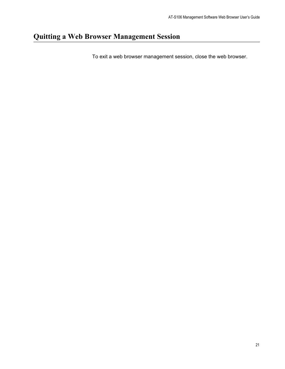 Quitting a web browser management session | Allied Telesis AT-S106 User Manual | Page 21 / 226