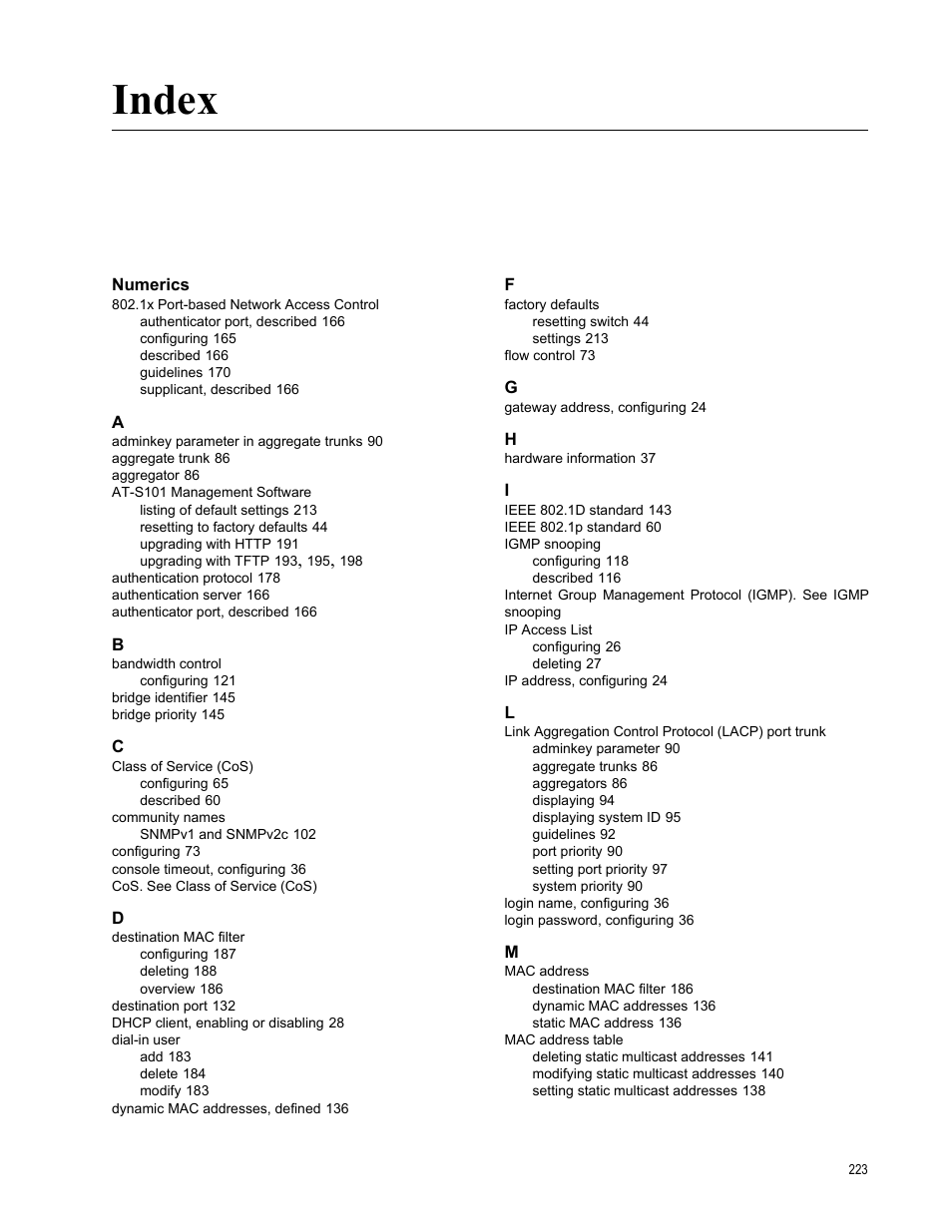 Index, Numerics | Allied Telesis AT-S106 User Manual | Page 223 / 226