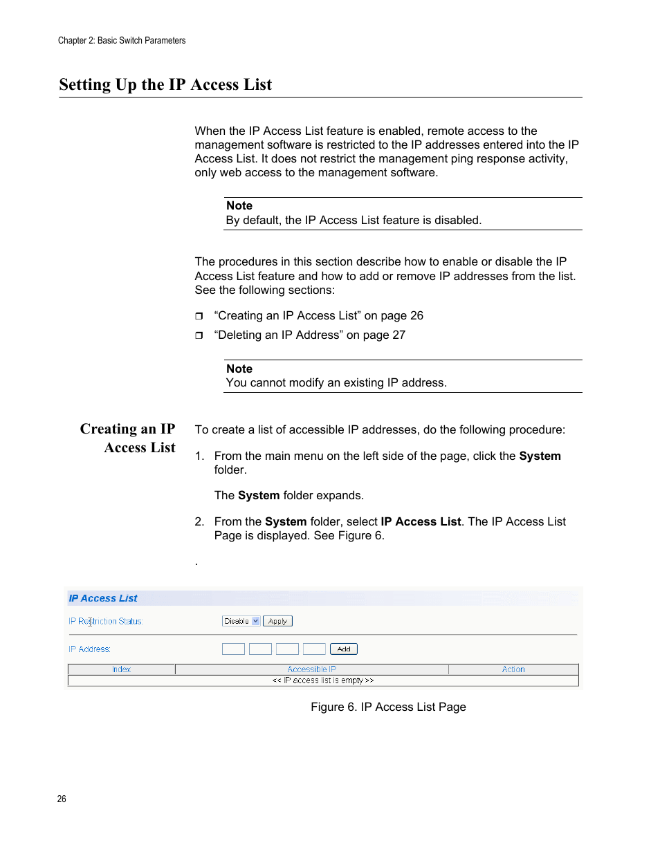 Setting up the ip access list, Creating an ip access list | Allied Telesis AT-S106 User Manual | Page 26 / 226