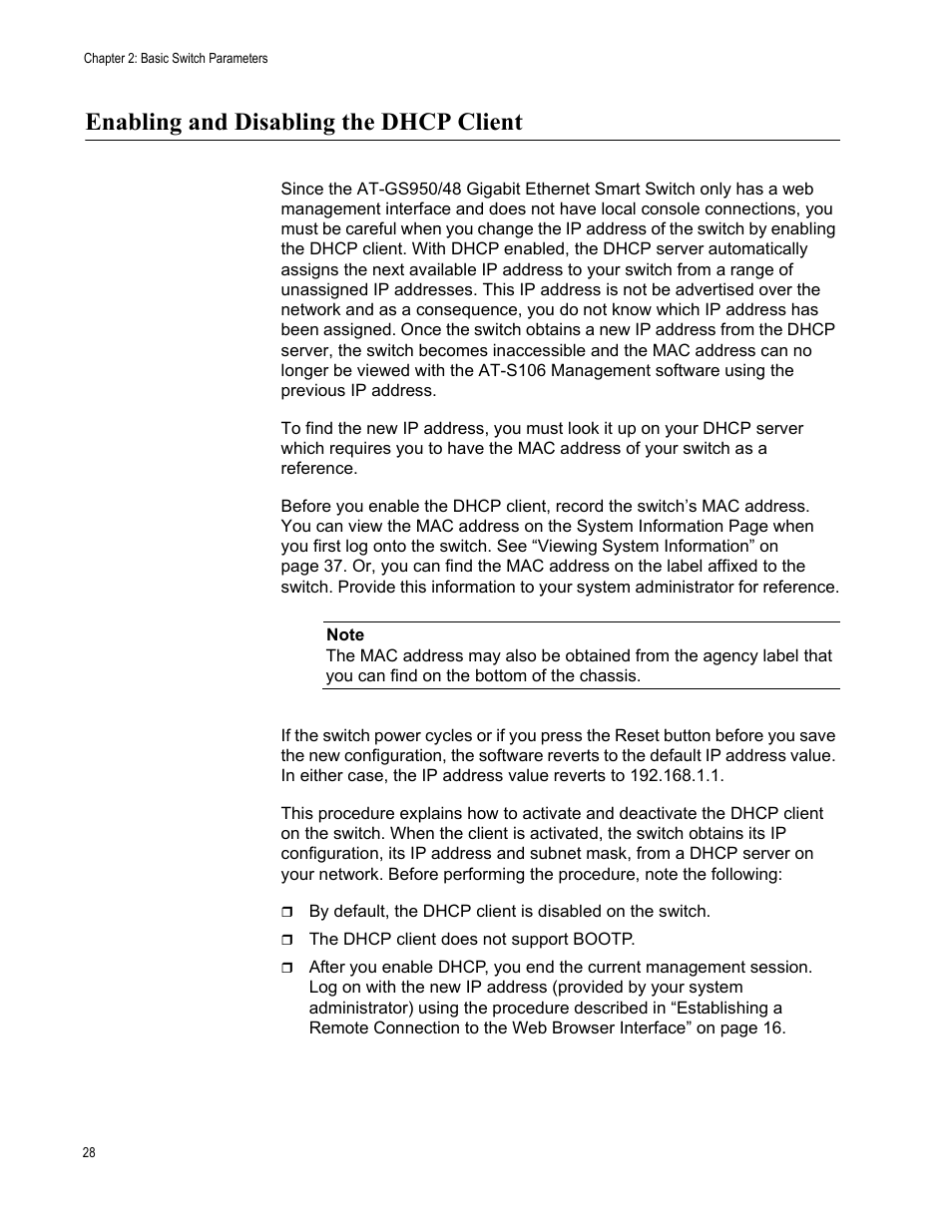 Enabling and disabling the dhcp client | Allied Telesis AT-S106 User Manual | Page 28 / 226