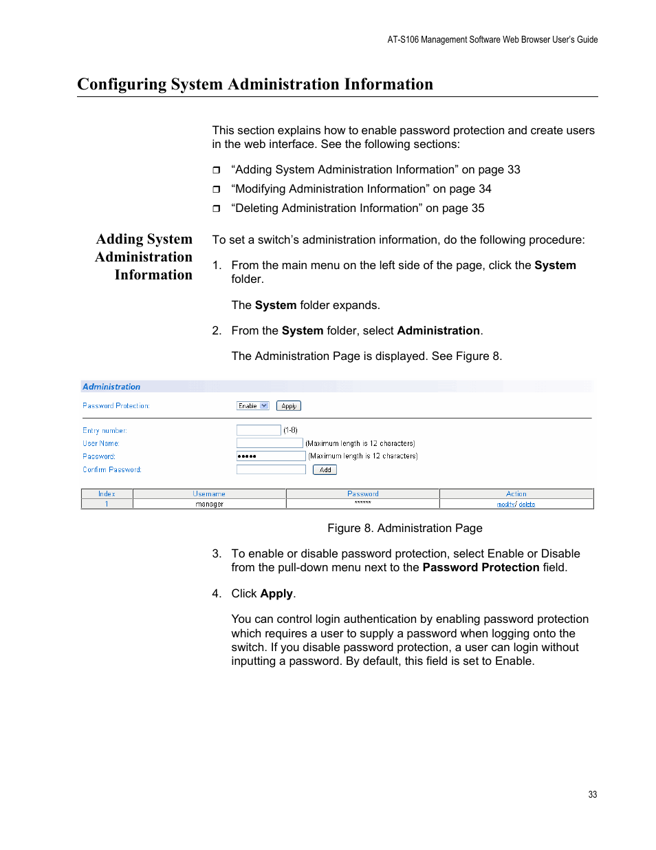 Configuring system administration information, Adding system administration information | Allied Telesis AT-S106 User Manual | Page 33 / 226