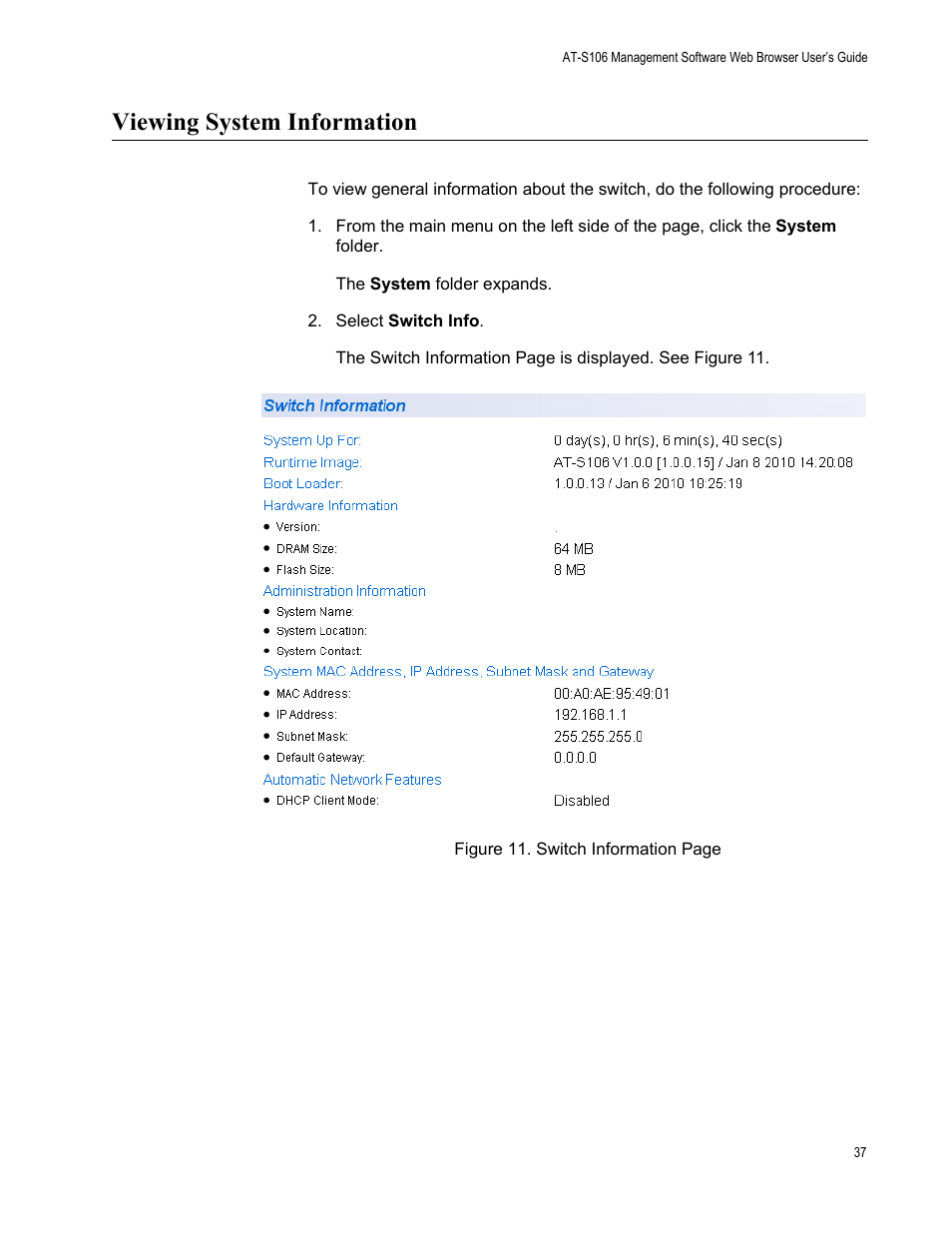 Viewing system information | Allied Telesis AT-S106 User Manual | Page 37 / 226