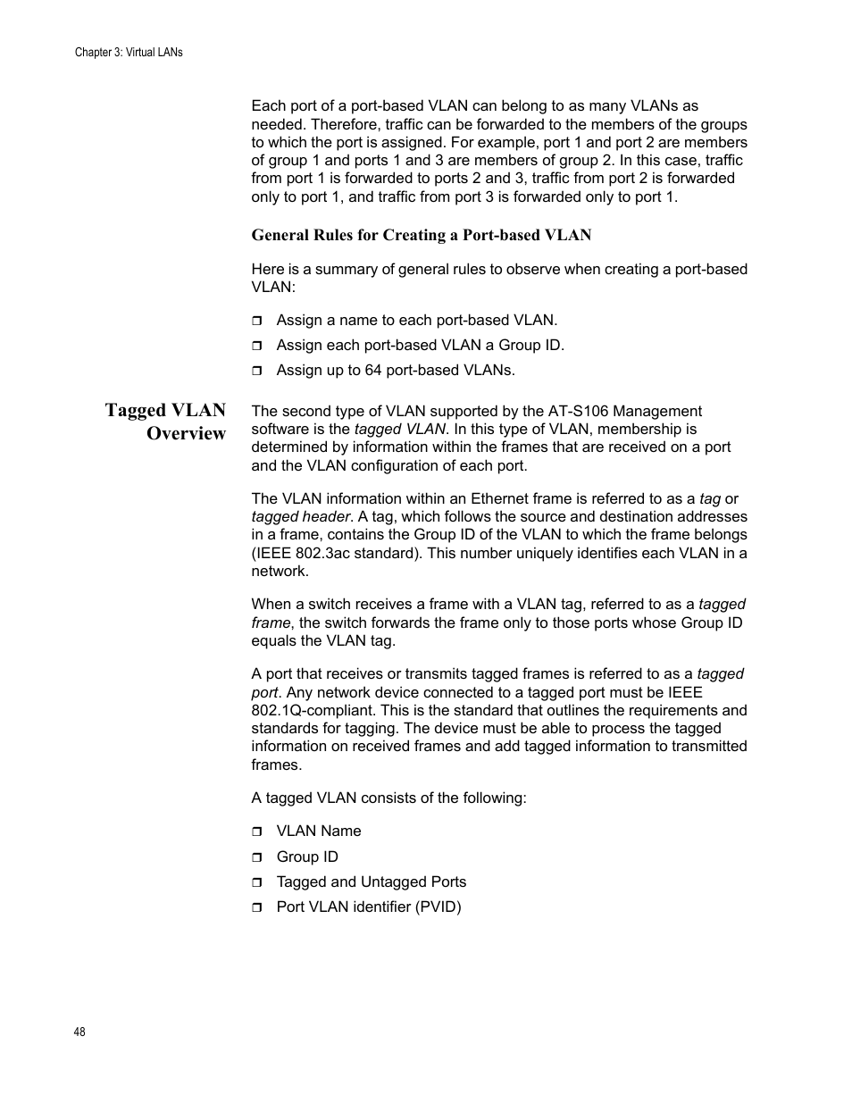 Tagged vlan overview | Allied Telesis AT-S106 User Manual | Page 48 / 226