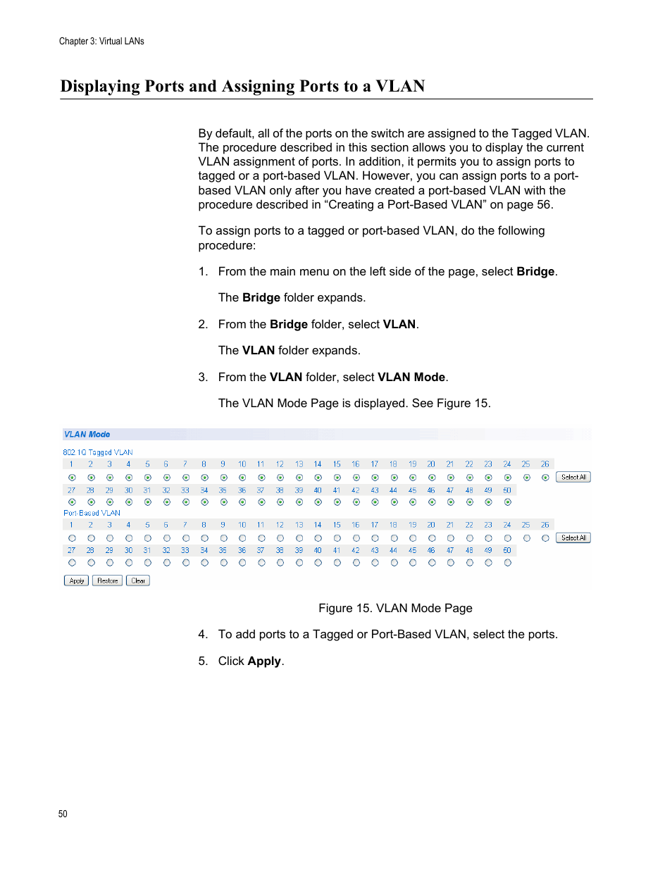Displaying ports and assigning ports to a vlan | Allied Telesis AT-S106 User Manual | Page 50 / 226