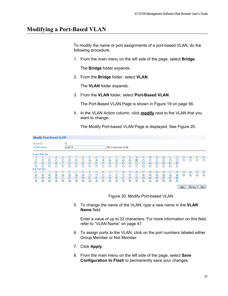 Modifying a port-based vlan, Figure 20. modify port-based vlan | Allied Telesis AT-S106 User Manual | Page 57 / 226