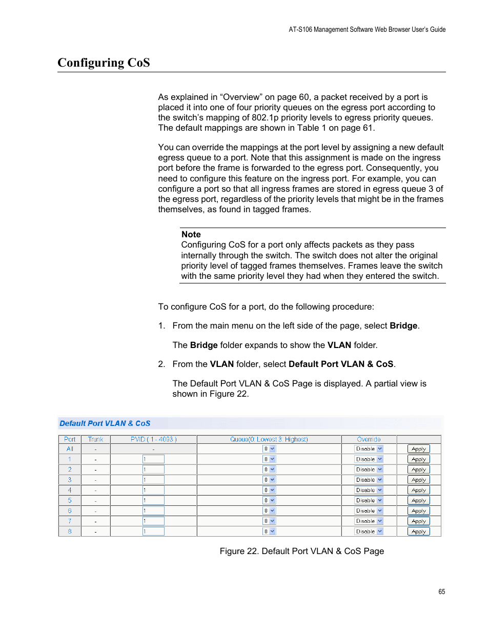 Configuring cos | Allied Telesis AT-S106 User Manual | Page 65 / 226