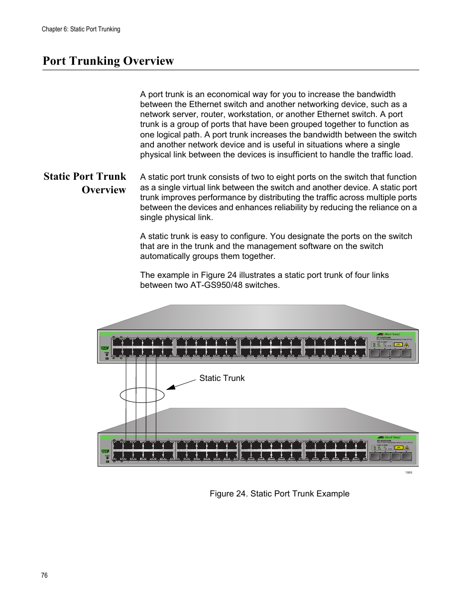Port trunking overview, Static port trunk overview, Figure 24. static port trunk example | Allied Telesis AT-S106 User Manual | Page 76 / 226