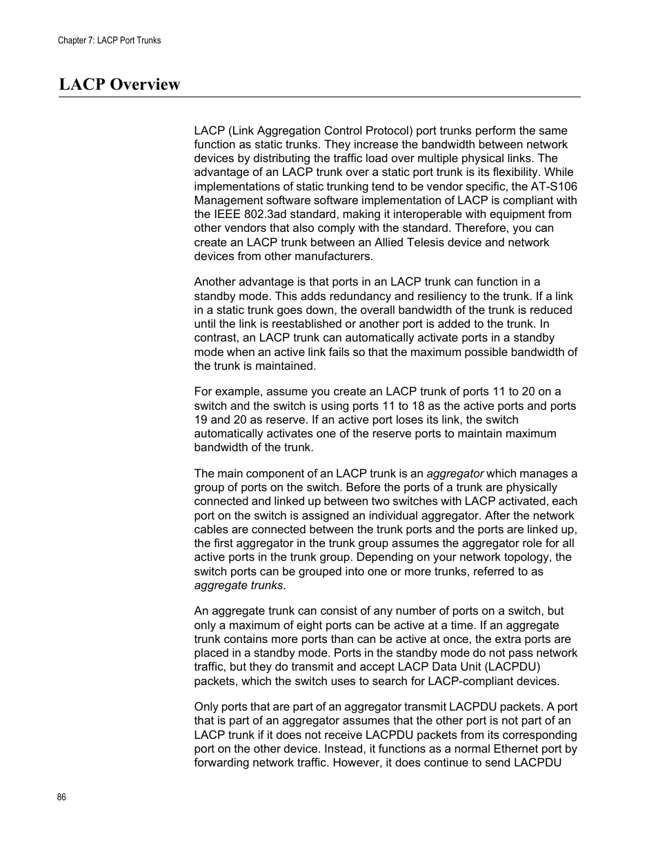 Lacp overview | Allied Telesis AT-S106 User Manual | Page 86 / 226
