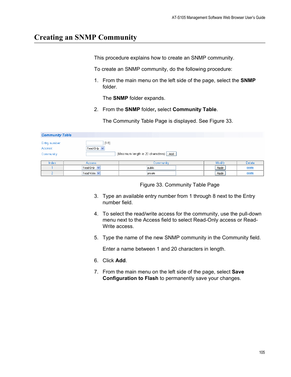 Creating an snmp community | Allied Telesis AT-S105 User Manual | Page 105 / 234
