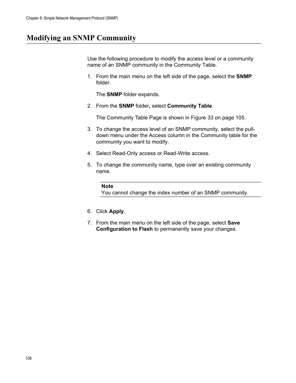 Modifying an snmp community | Allied Telesis AT-S105 User Manual | Page 106 / 234