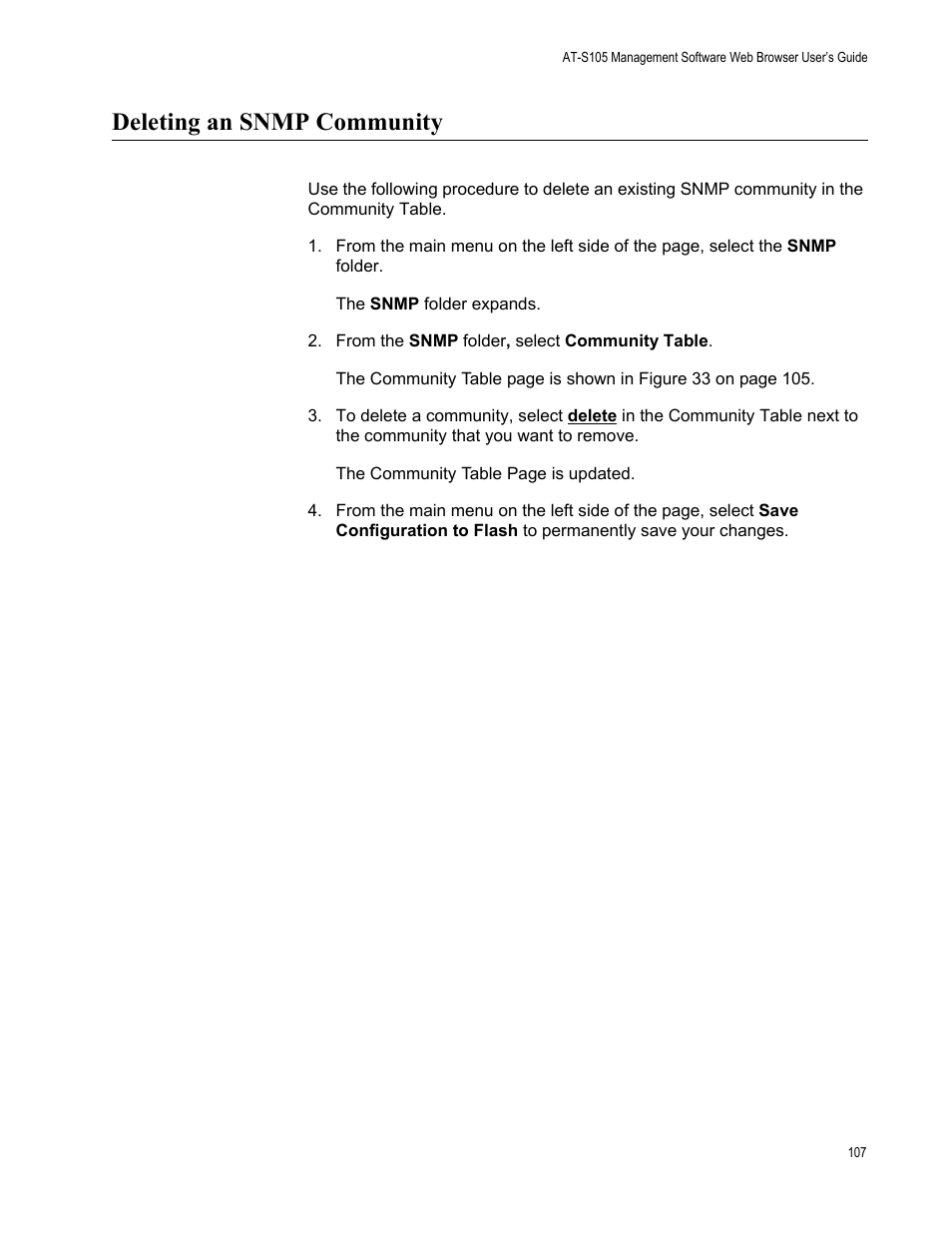 Deleting an snmp community | Allied Telesis AT-S105 User Manual | Page 107 / 234