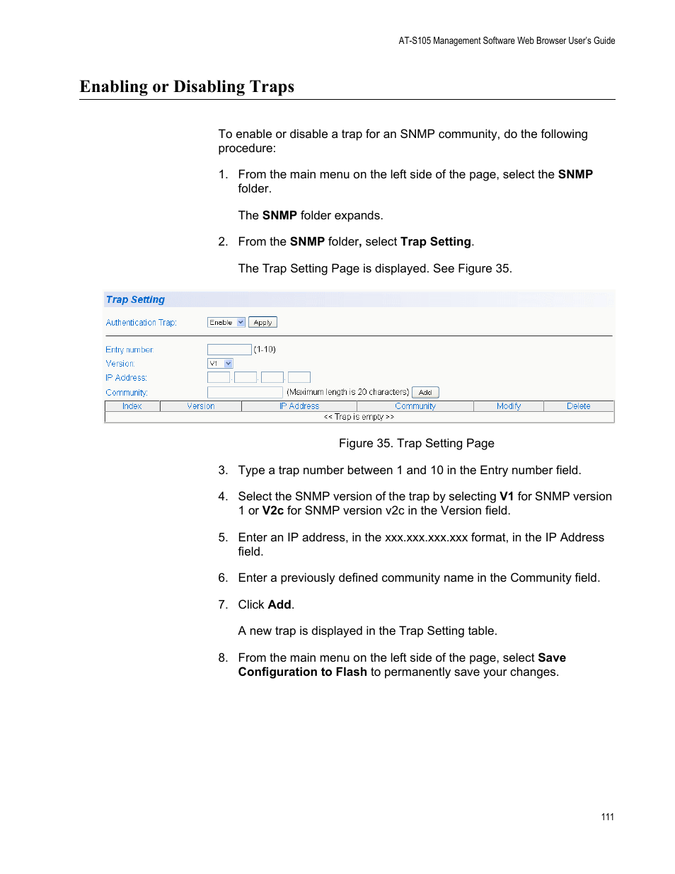 Enabling or disabling traps | Allied Telesis AT-S105 User Manual | Page 111 / 234