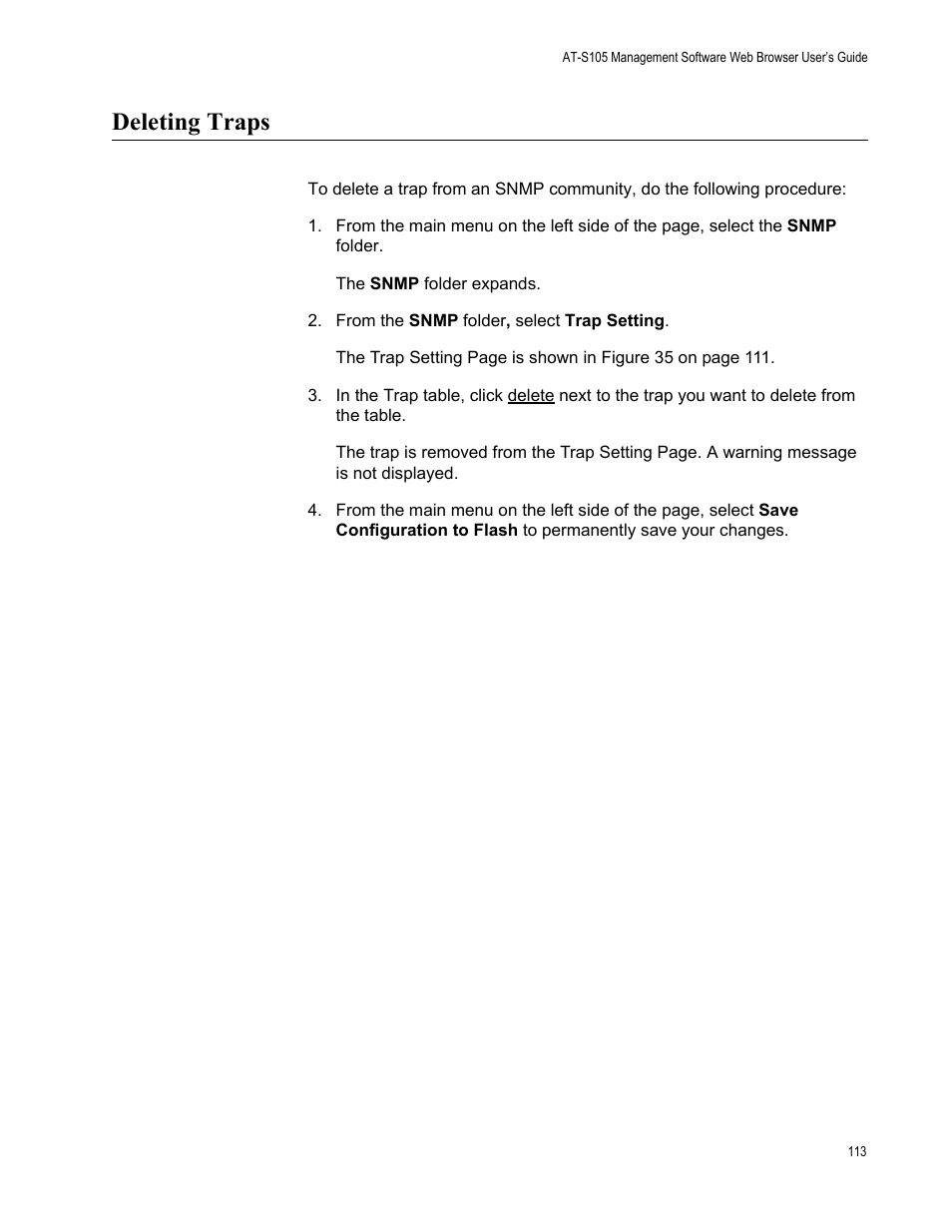 Deleting traps | Allied Telesis AT-S105 User Manual | Page 113 / 234