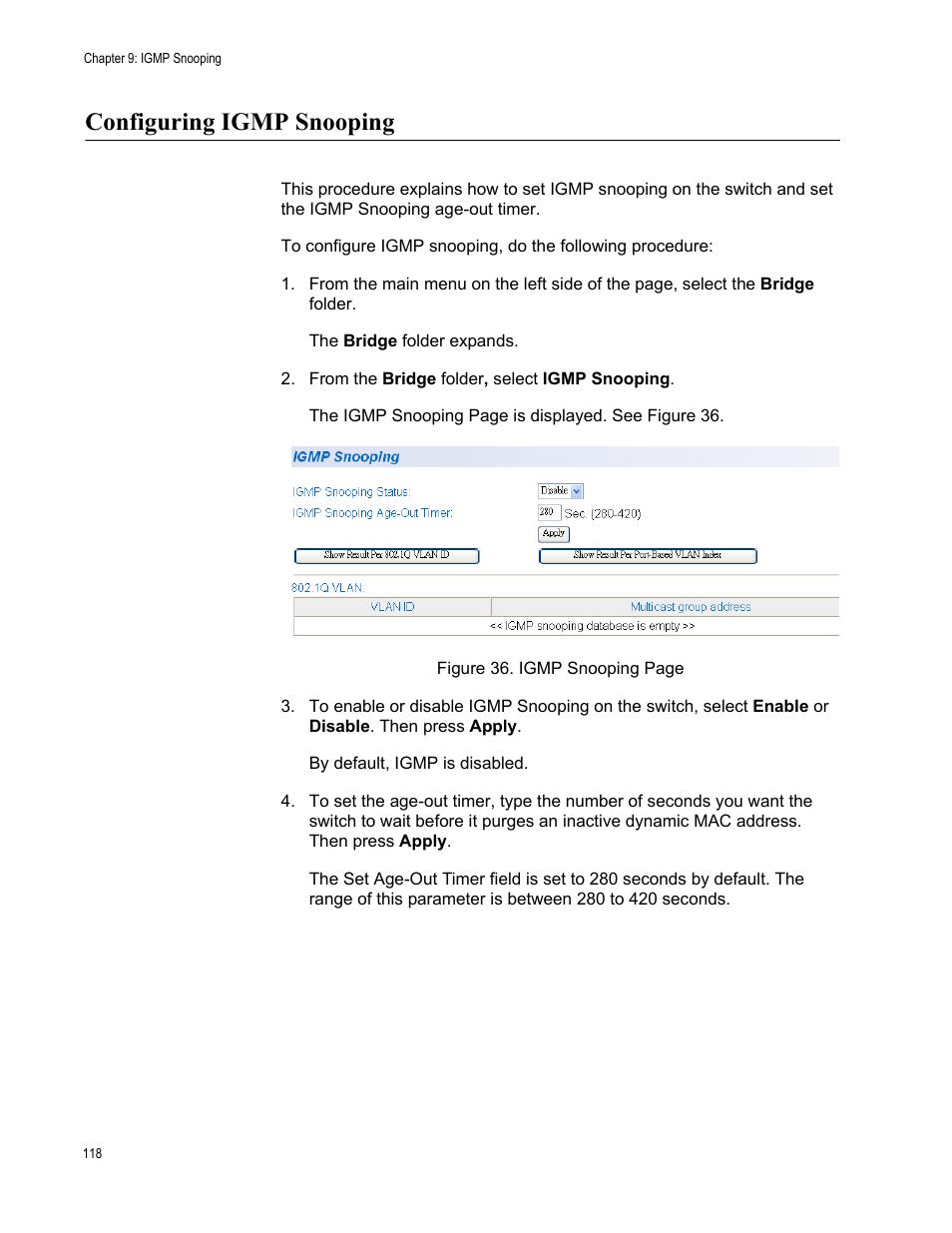Configuring igmp snooping | Allied Telesis AT-S105 User Manual | Page 118 / 234