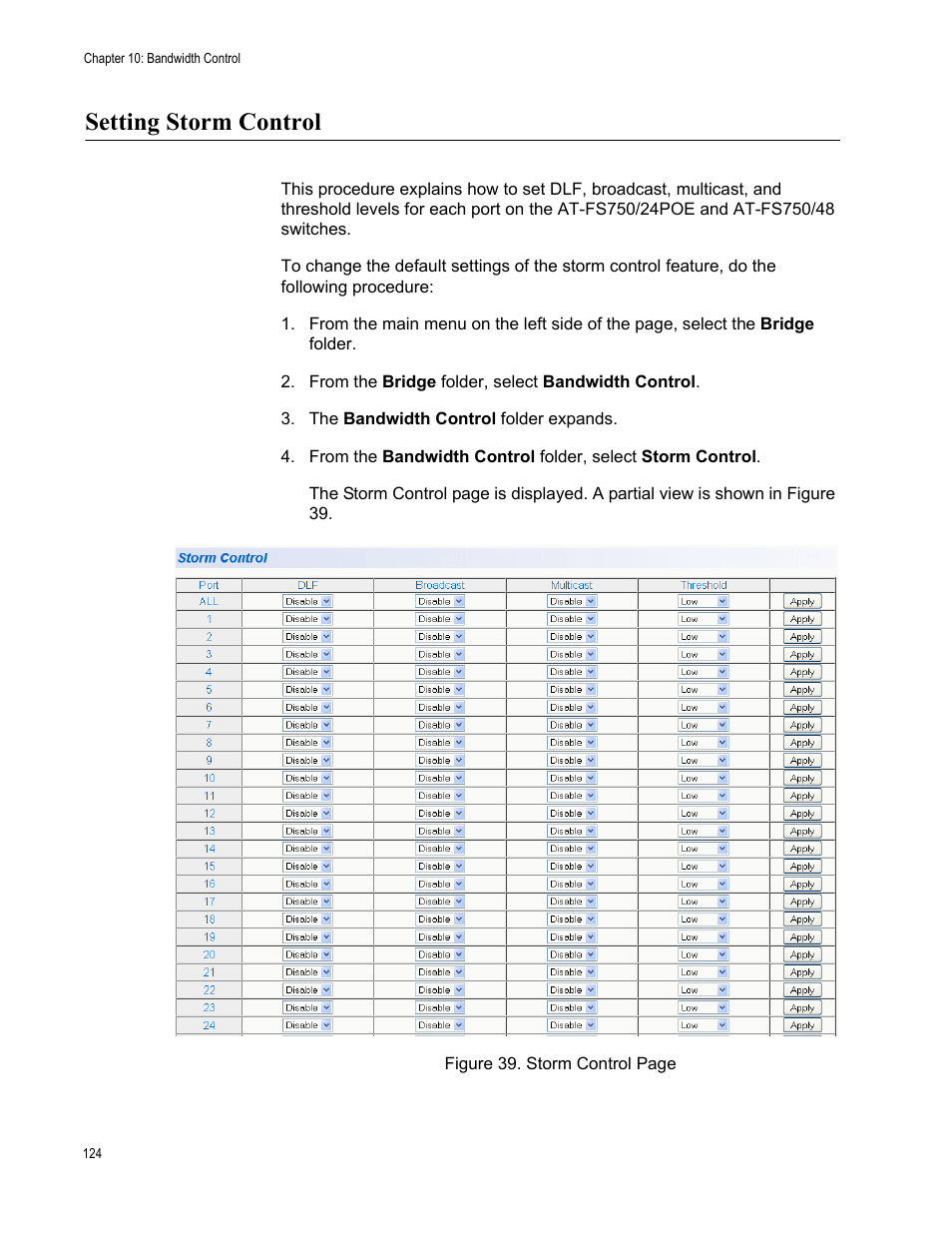Setting storm control | Allied Telesis AT-S105 User Manual | Page 124 / 234