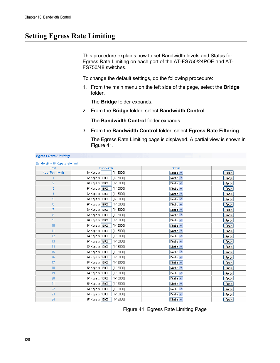 Setting egress rate limiting | Allied Telesis AT-S105 User Manual | Page 128 / 234