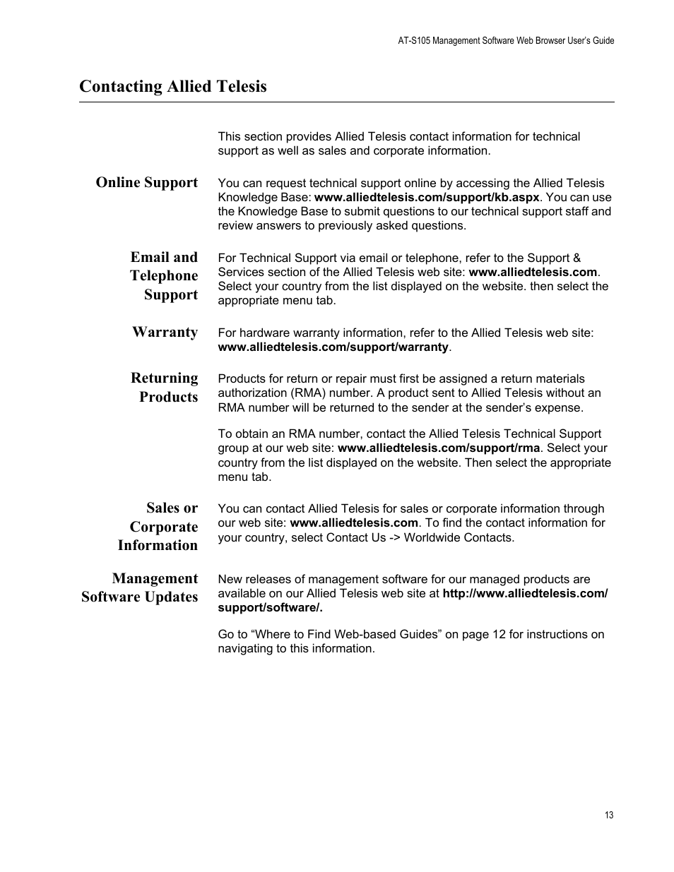 Contacting allied telesis, Online support, Email and telephone support | Warranty, Returning products, Sales or corporate information, Management software updates | Allied Telesis AT-S105 User Manual | Page 13 / 234