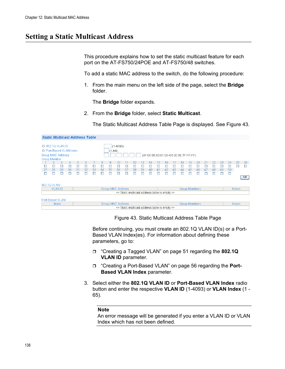 Setting a static multicast address | Allied Telesis AT-S105 User Manual | Page 138 / 234