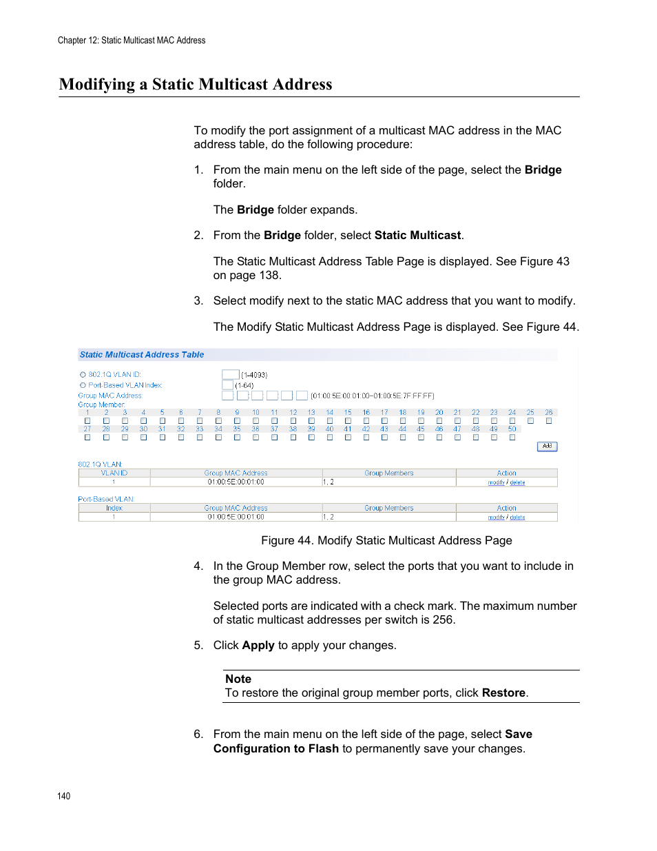 Modifying a static multicast address | Allied Telesis AT-S105 User Manual | Page 140 / 234