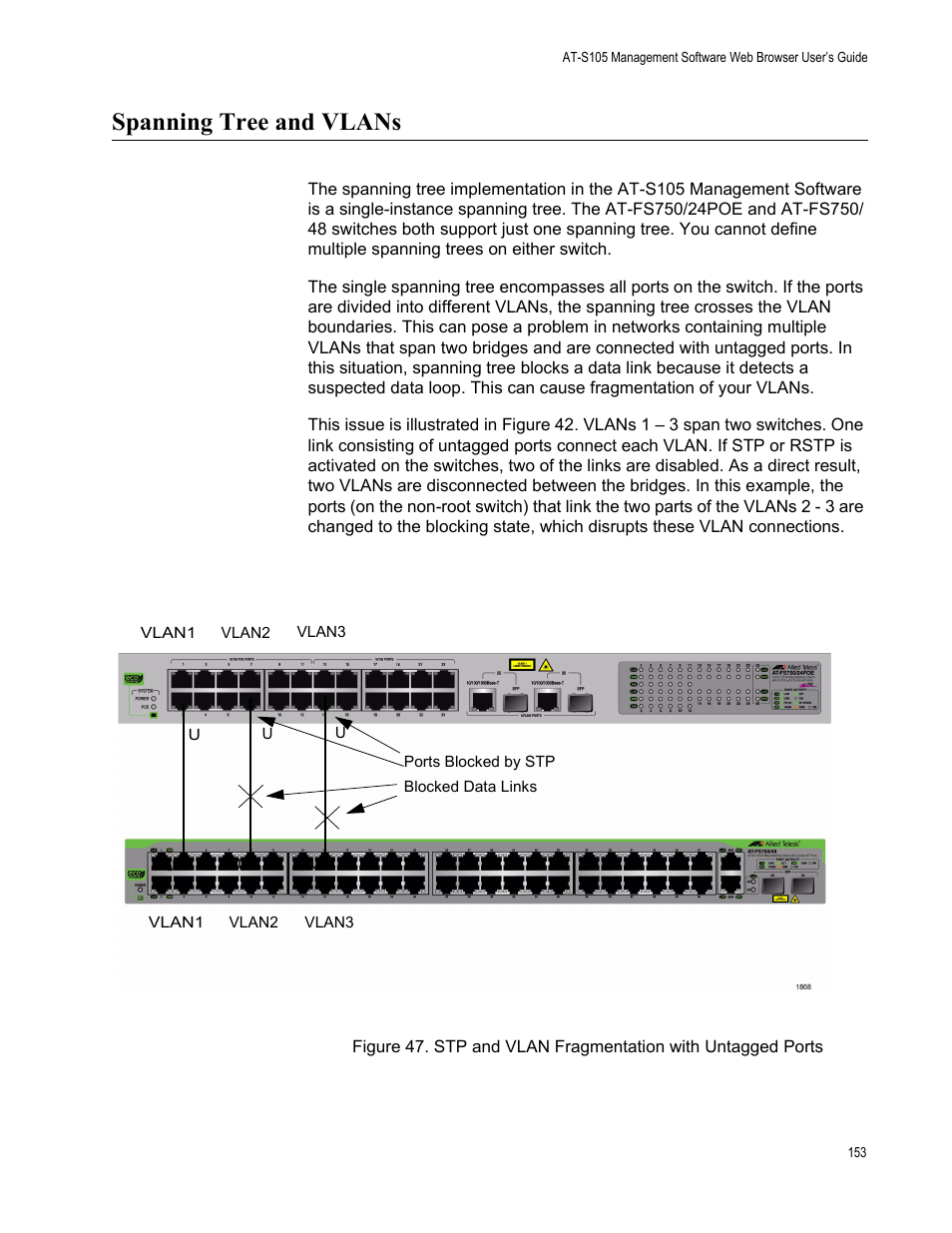 Spanning tree and vlans | Allied Telesis AT-S105 User Manual | Page 153 / 234