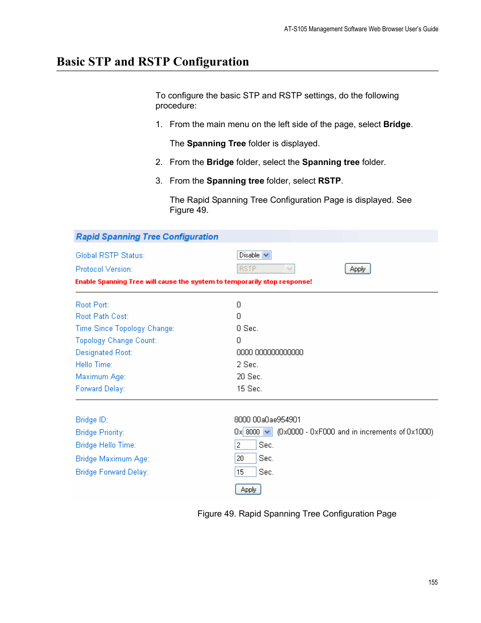 Basic stp and rstp configuration | Allied Telesis AT-S105 User Manual | Page 155 / 234