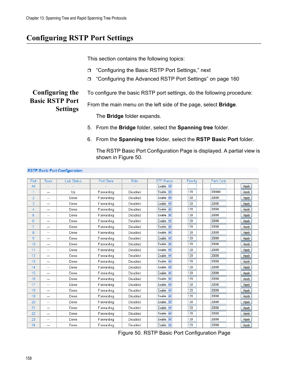 Configuring rstp port settings, Configuring the basic rstp port settings | Allied Telesis AT-S105 User Manual | Page 158 / 234