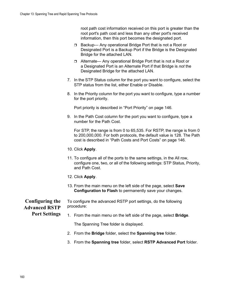 Configuring the advanced rstp port settings | Allied Telesis AT-S105 User Manual | Page 160 / 234