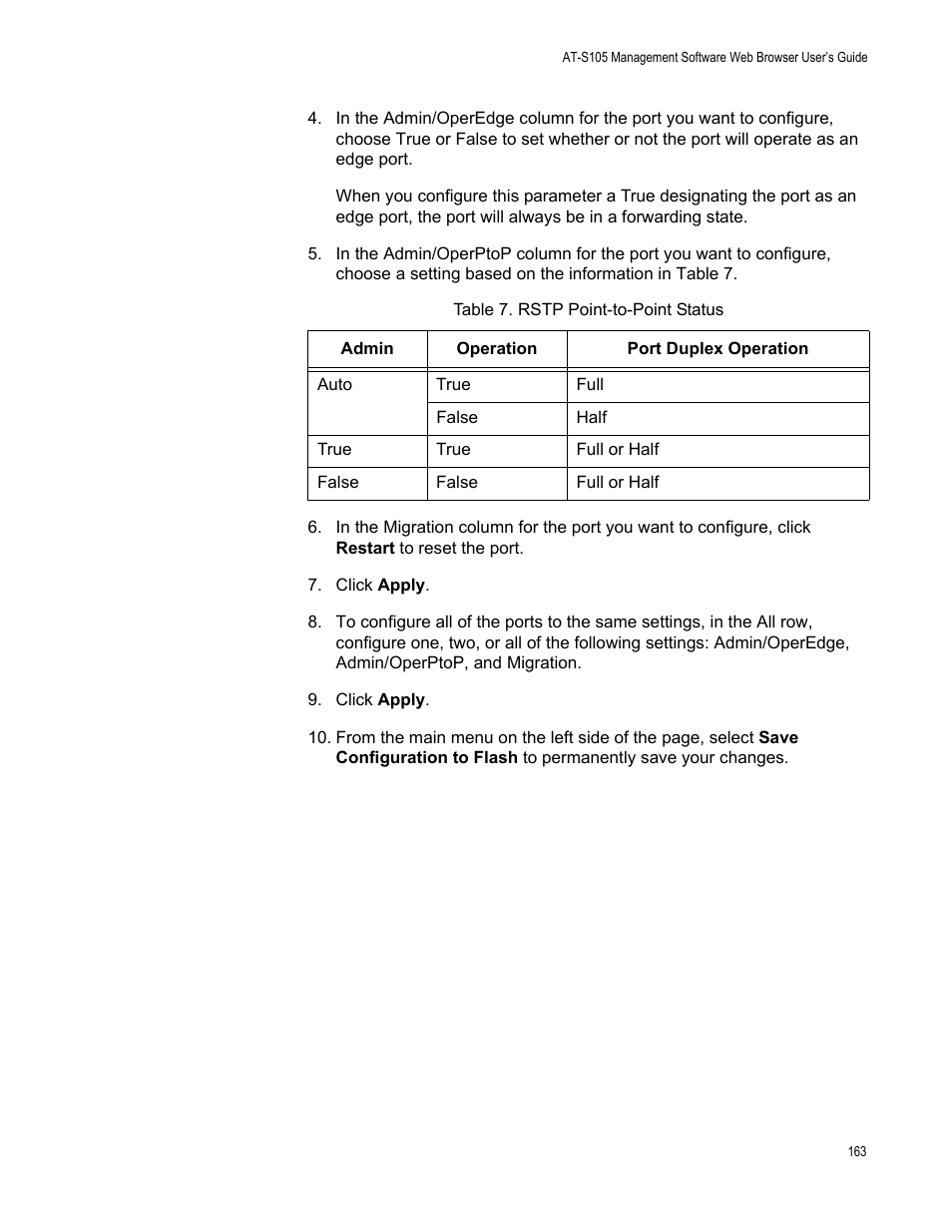 Table 7. rstp point-to-point status | Allied Telesis AT-S105 User Manual | Page 163 / 234