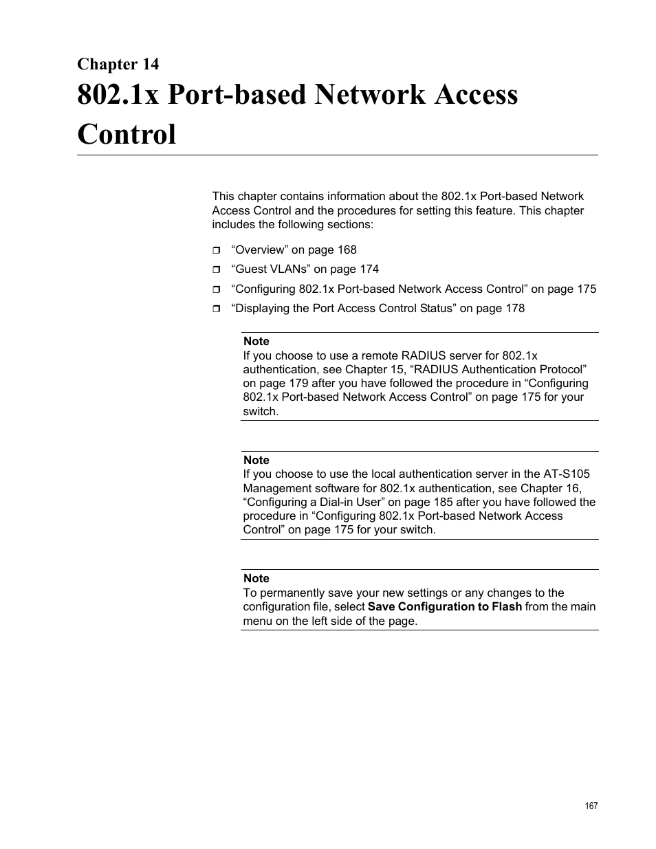 Chapter 14, 1x port-based network access control | Allied Telesis AT-S105 User Manual | Page 167 / 234