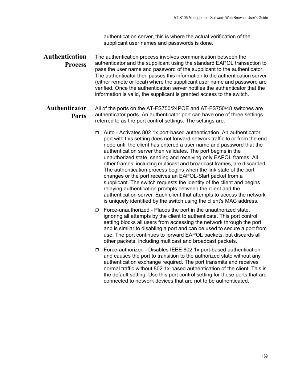 Authentication process, Authenticator ports, Authentication process authenticator ports | Allied Telesis AT-S105 User Manual | Page 169 / 234