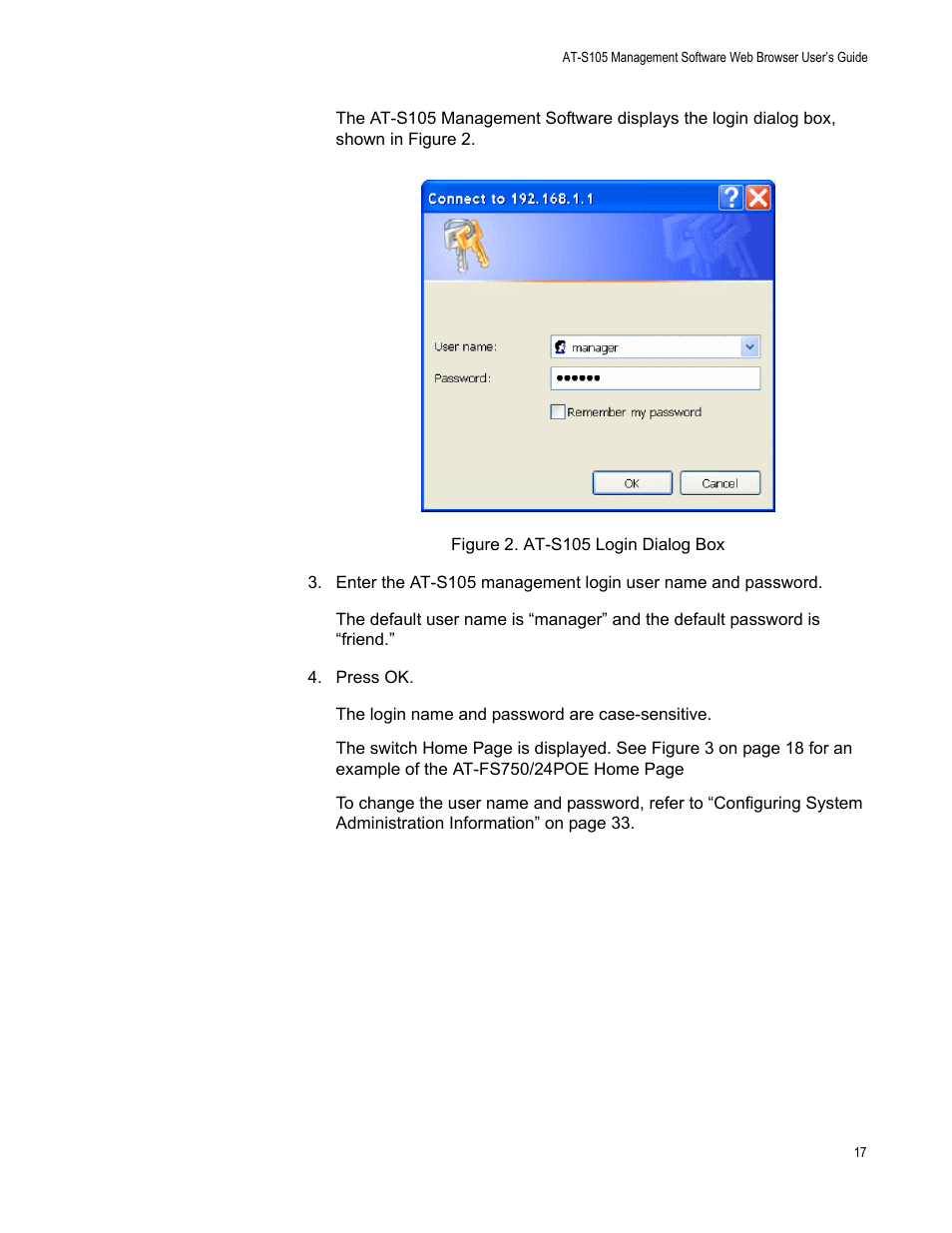 Figure 2. at-s105 login dialog box | Allied Telesis AT-S105 User Manual | Page 17 / 234