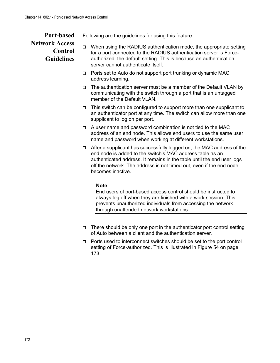 Port-based network access control guidelines | Allied Telesis AT-S105 User Manual | Page 172 / 234