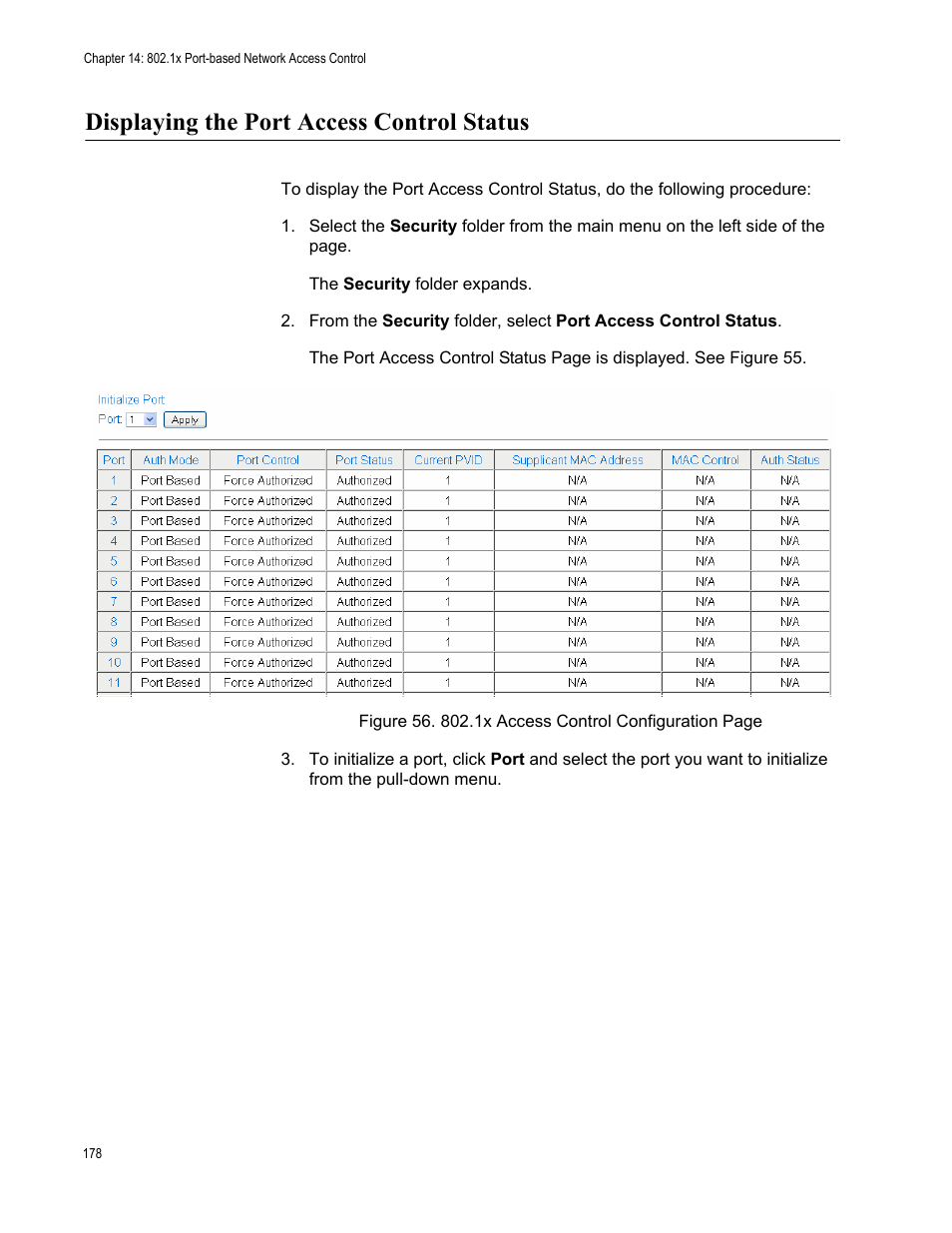 Displaying the port access control status | Allied Telesis AT-S105 User Manual | Page 178 / 234