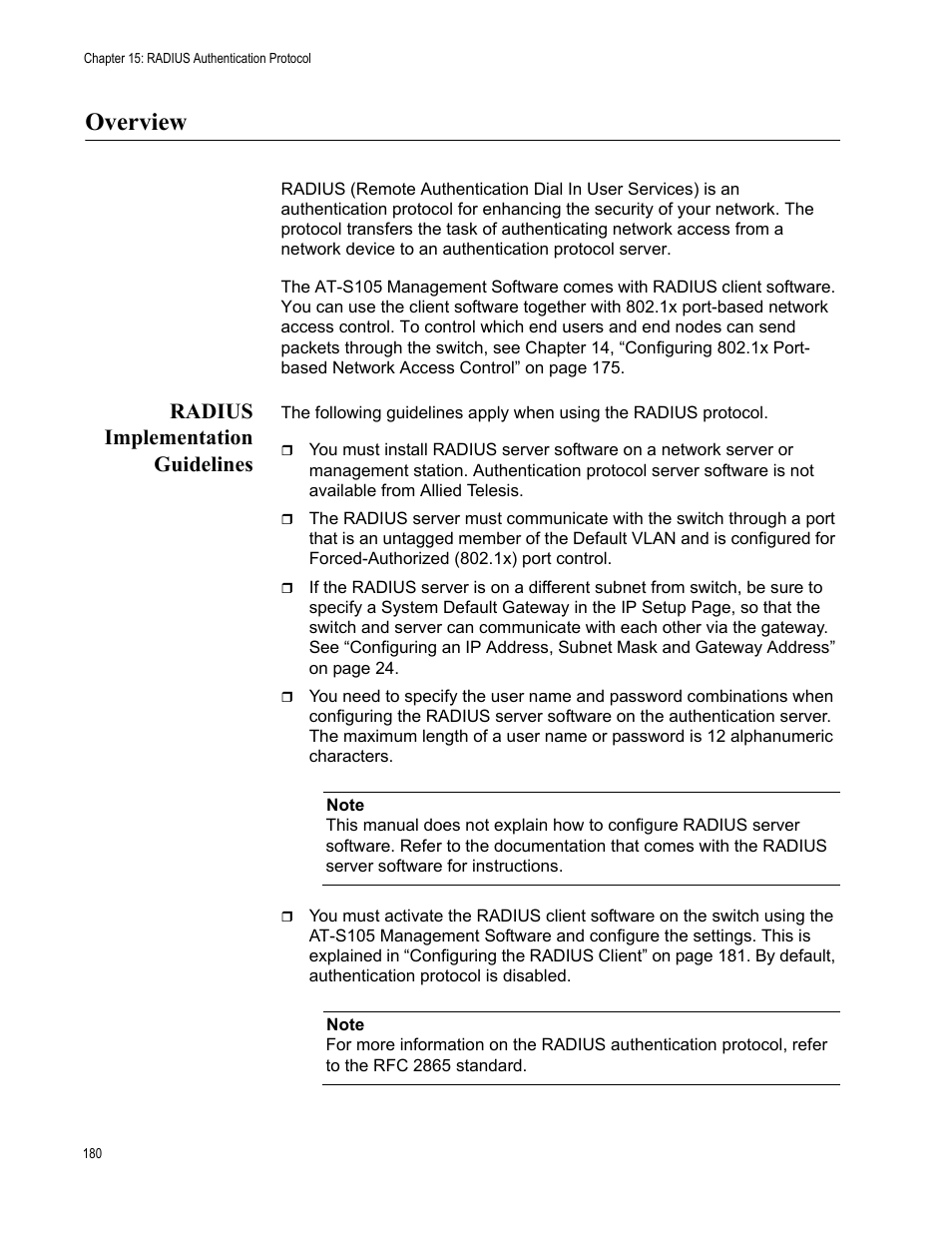 Overview, Radius implementation guidelines | Allied Telesis AT-S105 User Manual | Page 180 / 234