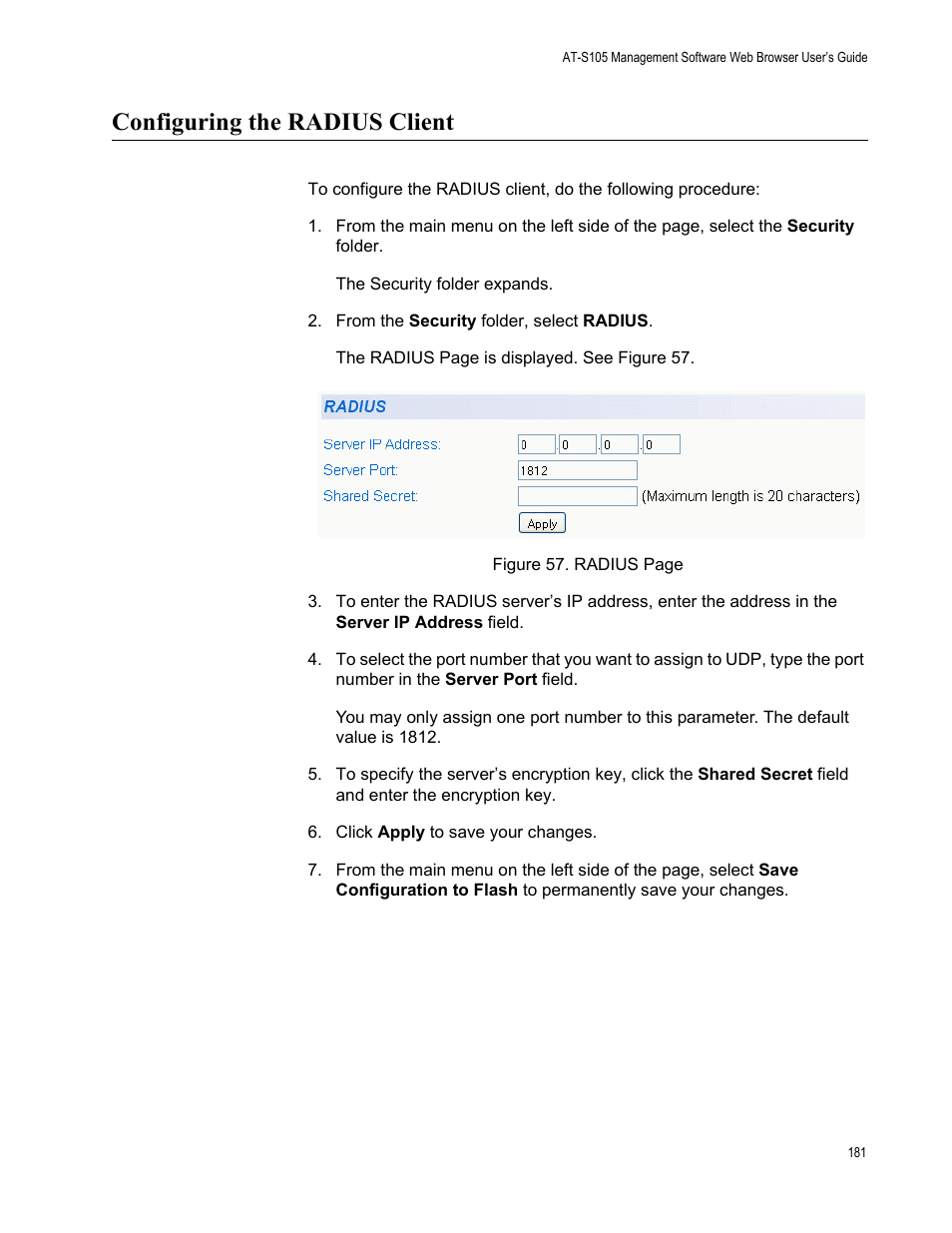 Configuring the radius client, Fer to “configuring the radius client” on | Allied Telesis AT-S105 User Manual | Page 181 / 234
