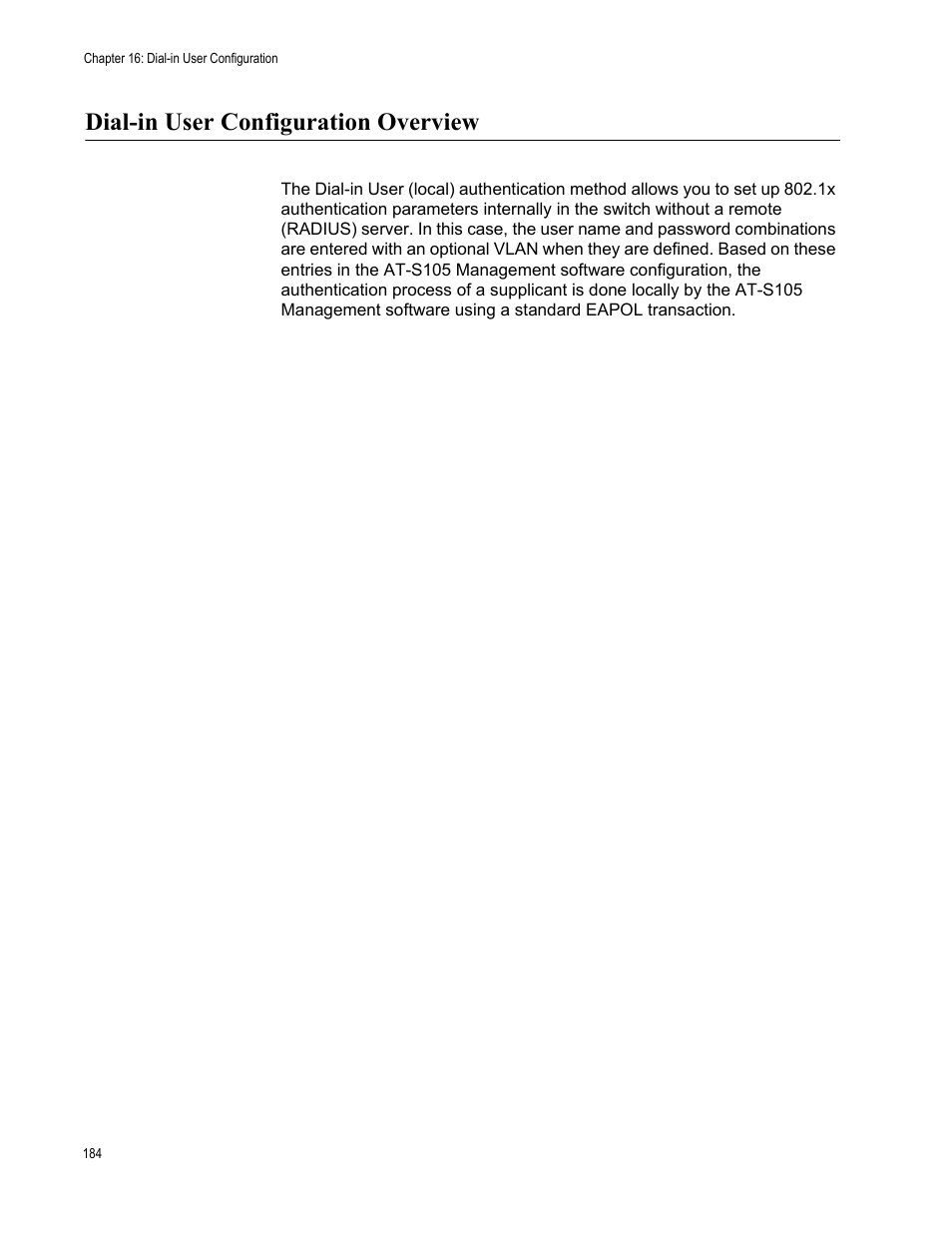 Dial-in user configuration overview | Allied Telesis AT-S105 User Manual | Page 184 / 234