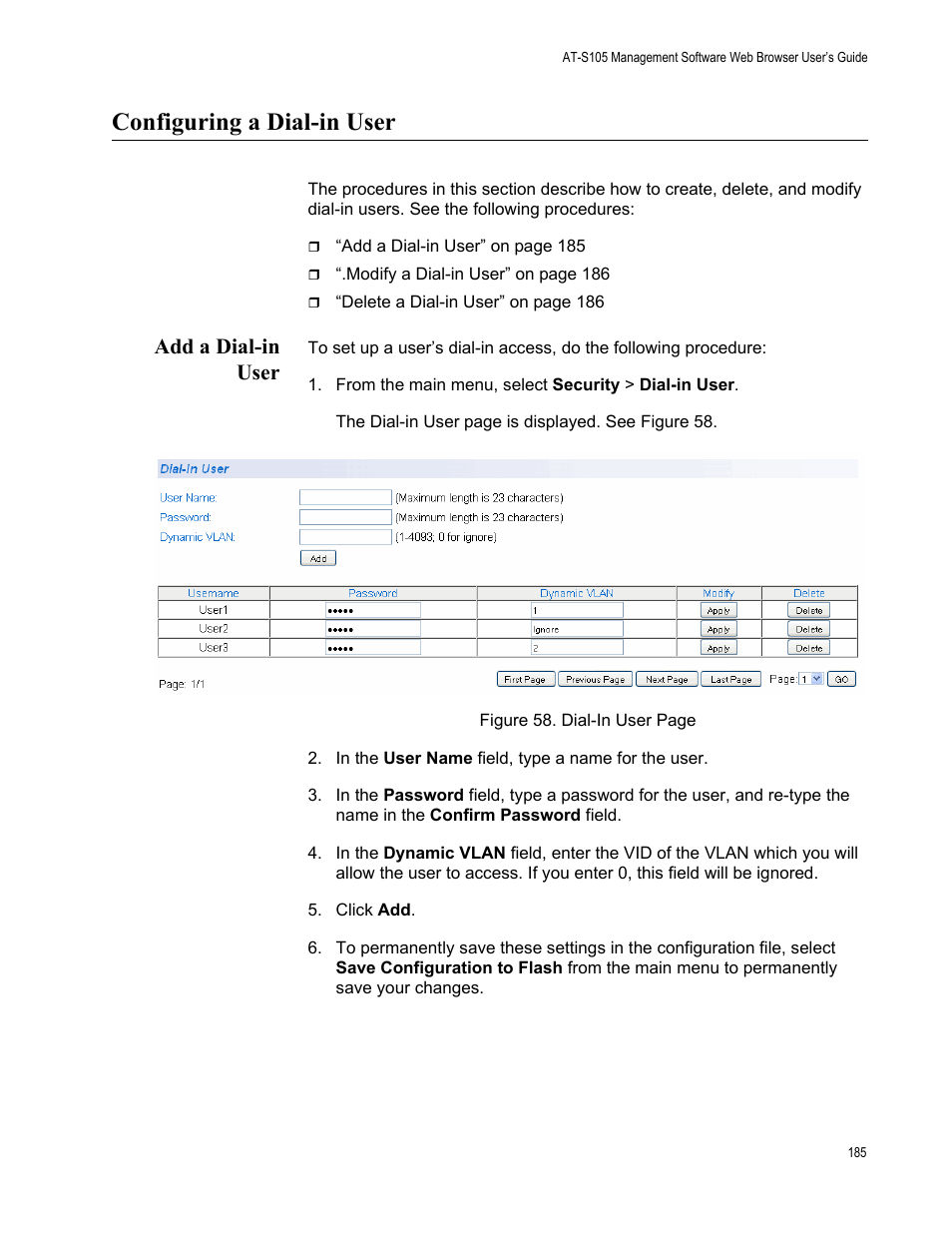 Configuring a dial-in user, Add a dial-in user | Allied Telesis AT-S105 User Manual | Page 185 / 234