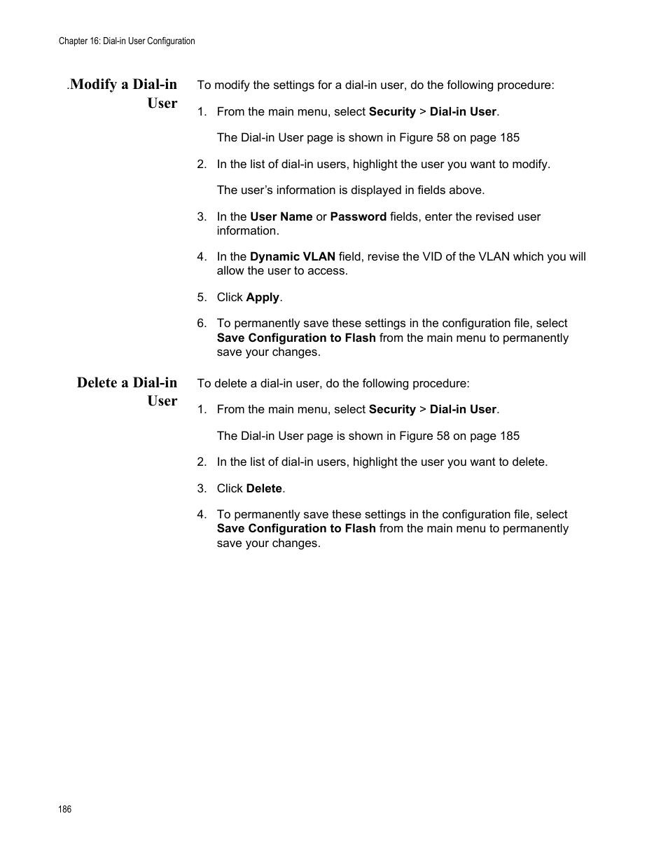 Modify a dial-in user, Delete a dial-in user, Modify a dial-in user delete a dial-in user | Allied Telesis AT-S105 User Manual | Page 186 / 234