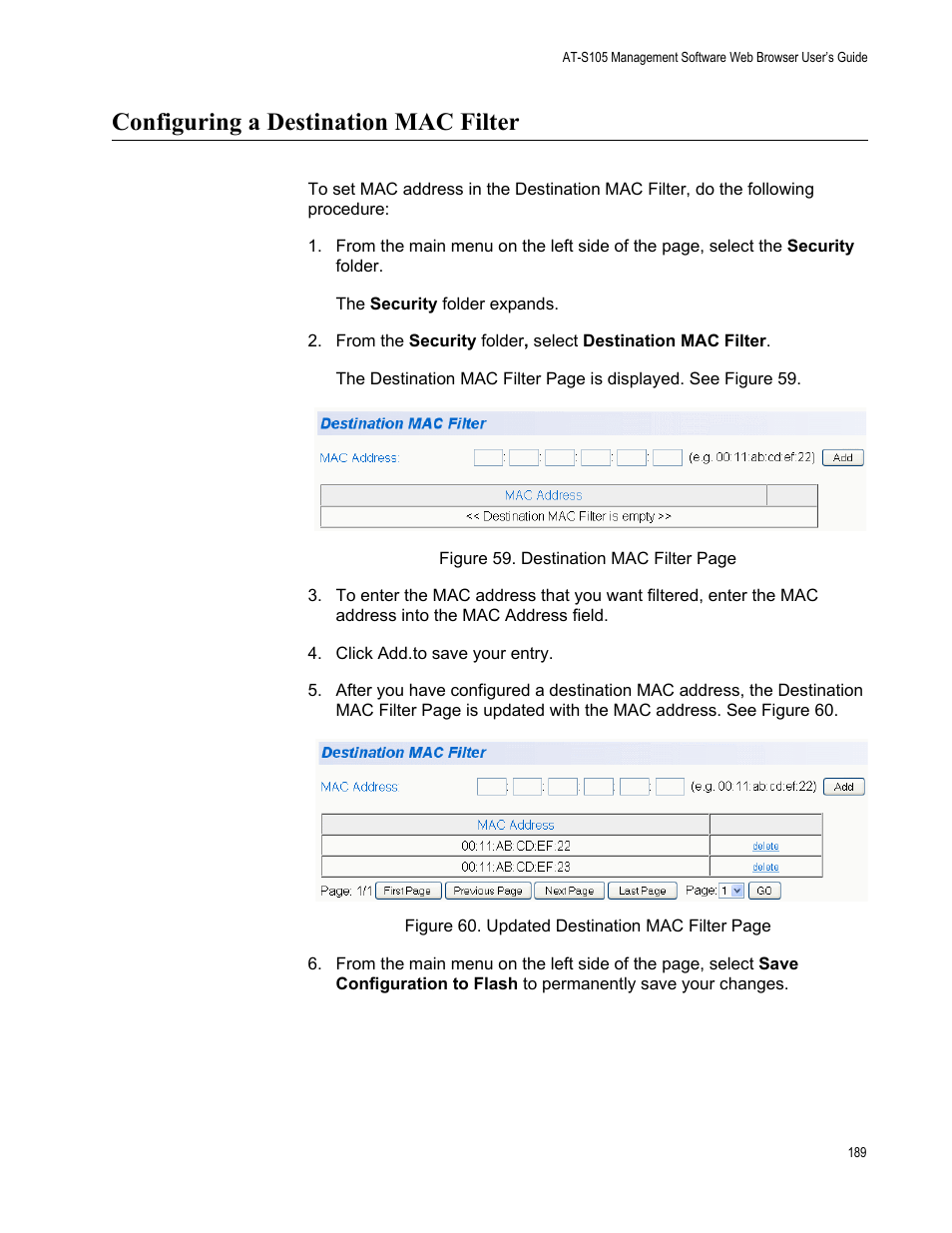 Configuring a destination mac filter | Allied Telesis AT-S105 User Manual | Page 189 / 234