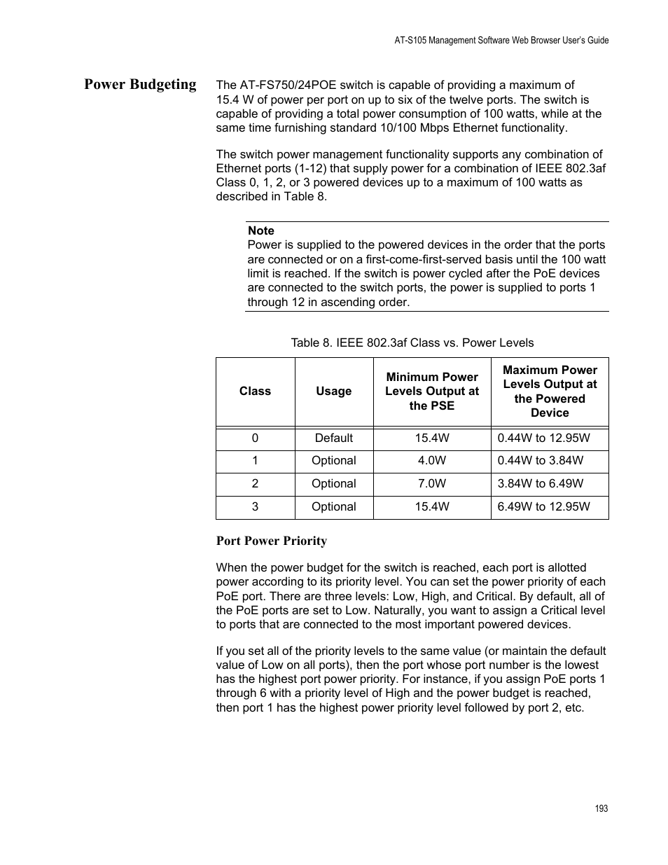 Power budgeting, Table 8. ieee 802.3af class vs. power levels | Allied Telesis AT-S105 User Manual | Page 193 / 234